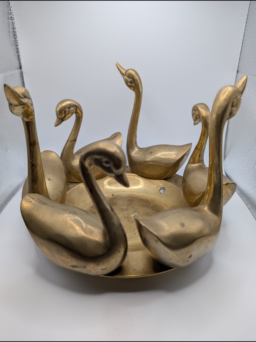Mid-Century Modern Asian Patinated Brass Swan Mounted Bowl RARE UNIQUE 8" Diam